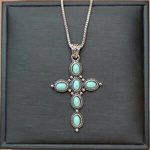 Sterling Silver Necklace w/ Turquoise Cross Pendant Southwestern Boho Jewelry